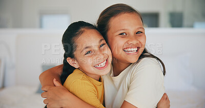 Buy stock photo Siblings, portrait and sisters hug in home with love, care and kids with support on sofa in living room. Happy, face and children bonding in embrace together on couch in lounge of apartment or house