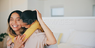 Buy stock photo Smile, care and a mother hugging her daughter in the bedroom of their home in the morning together. Family, love and a happy young girl embracing her single parent while on a bed in their apartment