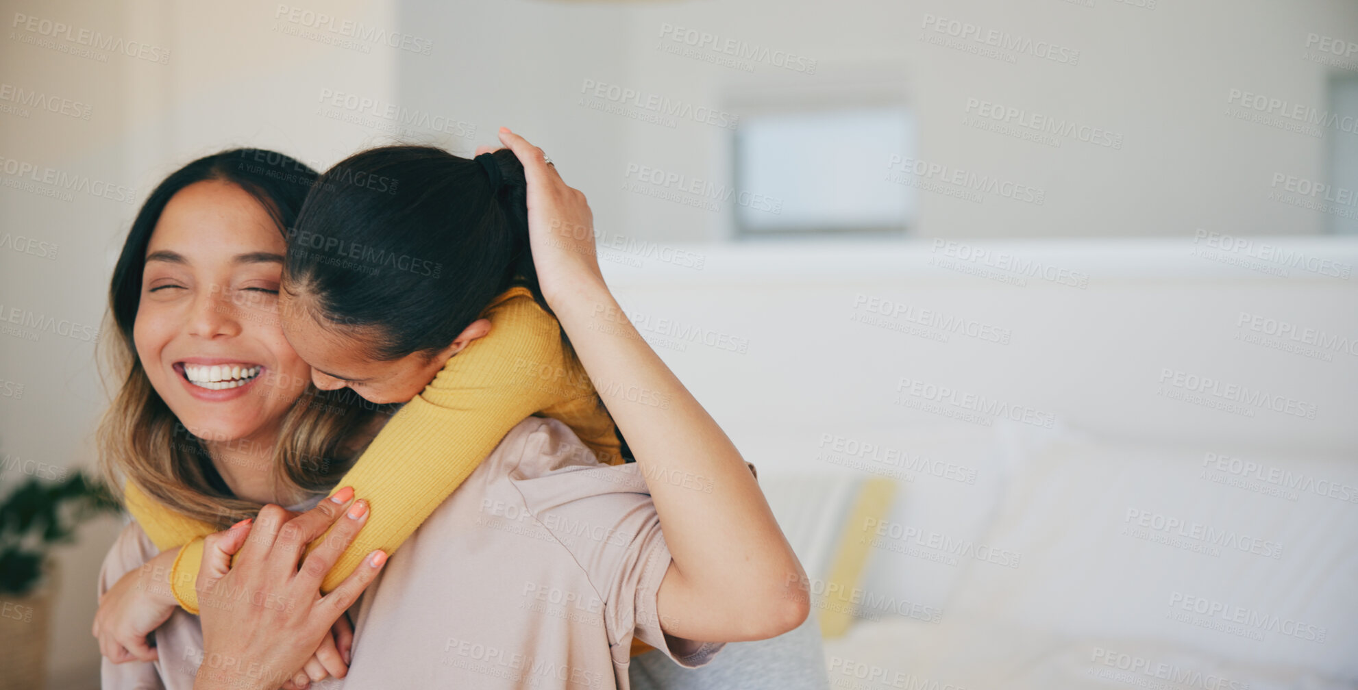 Buy stock photo Smile, care and a mother hugging her daughter in the bedroom of their home in the morning together. Family, love and a happy young girl embracing her single parent while on a bed in their apartment