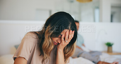 Buy stock photo Frustrated couple, fight and divorce with headache in bed, disagreement or argument at home. Upset woman and man in cheating affair, toxic relationship or stress for breakup or dispute in bedroom