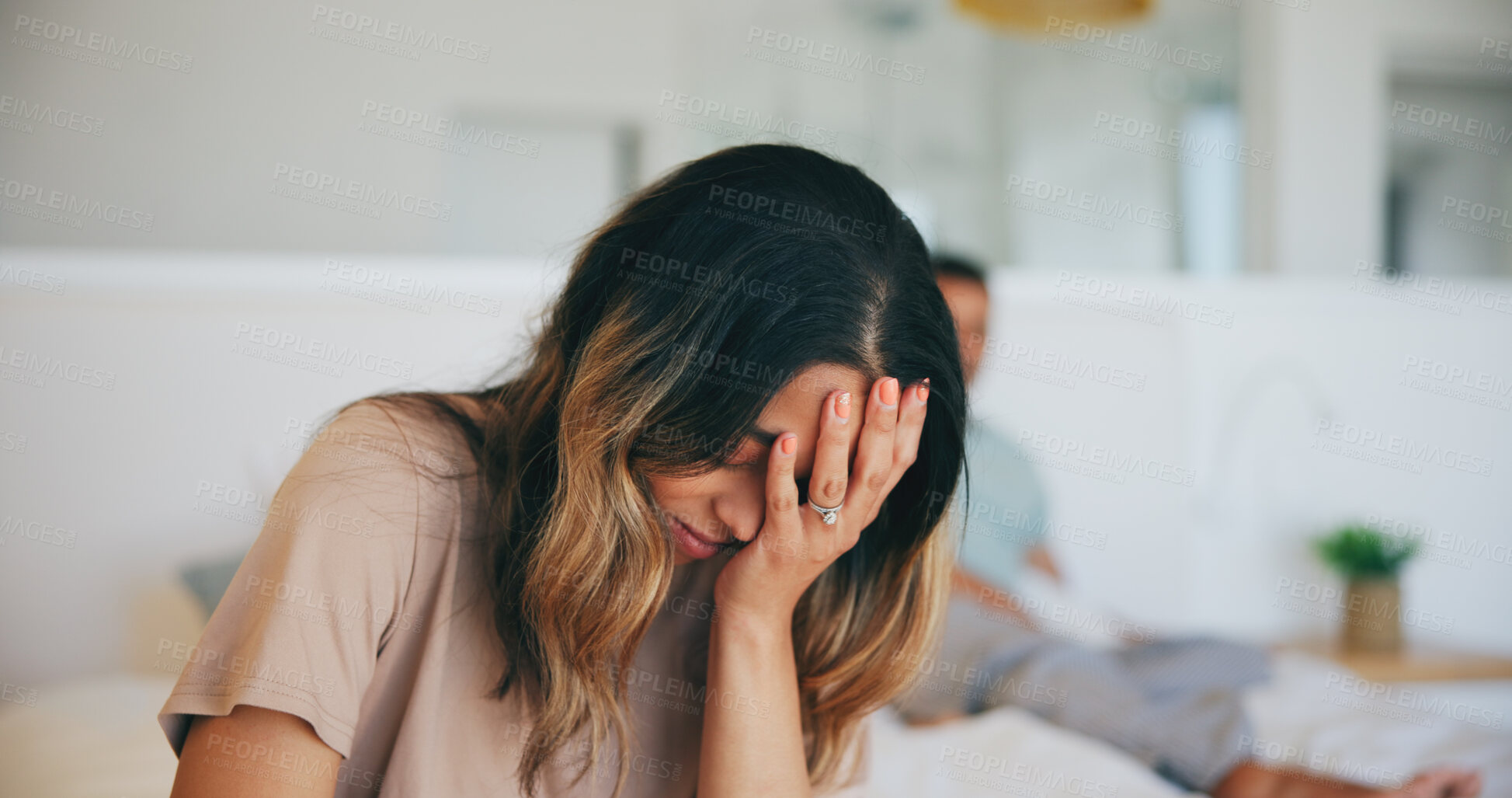 Buy stock photo Frustrated couple, fight and divorce with headache in bed, disagreement or argument at home. Upset woman and man in cheating affair, toxic relationship or stress for breakup or dispute in bedroom