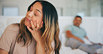 Frustrated couple, fight and ignore for divorce in bed, disagreement or argument from conflict at home. Woman or man in cheating affair, toxic relationship or stress for breakup or dispute in bedroom