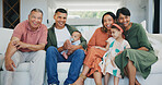 Happy, smile and portrait of big family on sofa in the living room at modern home together. Bonding, love and young kids relaxing with parents and grandparents for generations in the lounge at house.