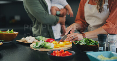 Buy stock photo Hands, knife and vegetables on chopping board, cooking and preparation at home. Closeup of mother cutting pepper in kitchen, organic salad and family food for healthy vegan diet, nutrition and dinner