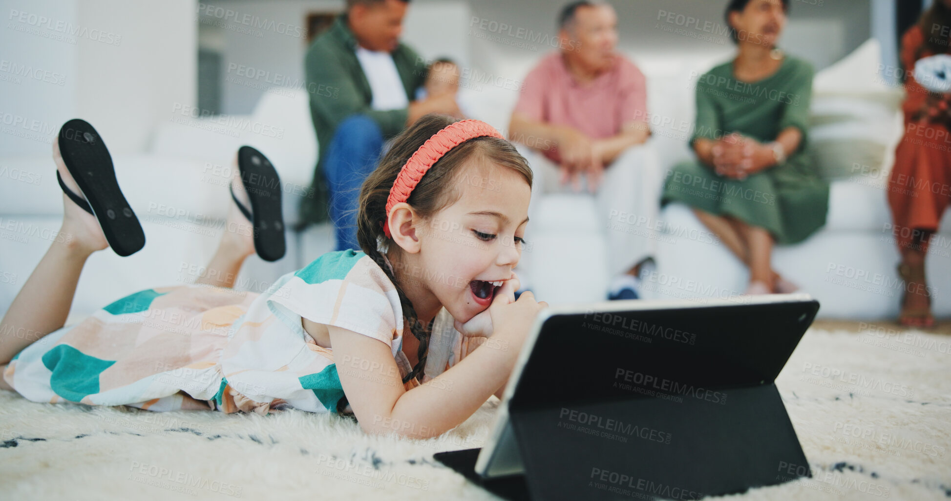 Buy stock photo Girl child, happy and tablet on floor in family home for movie, streaming subscription and relax in living room. Kid, digital touchscreen and smile on carpet with cartoon, video or learning in house