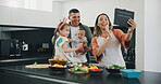 Family, tablet and wave on video call, smile and internet on technology, communication and greeting. Happy parents and children, hello and networking or connection, conversation and cooking a meal