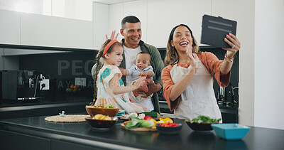 Buy stock photo Tablet, family smile and video call while cooking, happy and internet on technology, communication and greeting. Parents, people or children, hello and networking or connection, conversation and wave