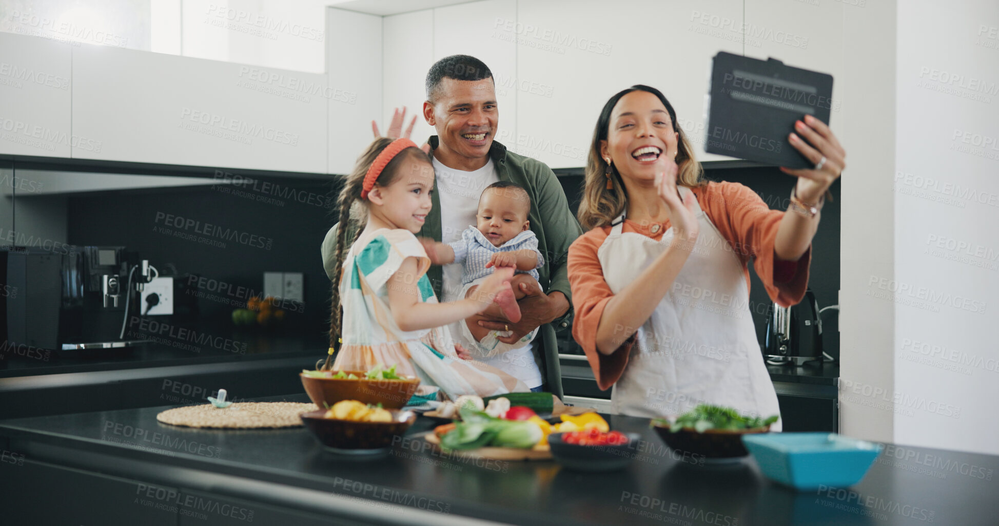 Buy stock photo Tablet, family smile and video call while cooking, happy and internet on technology, communication and greeting. Parents, people or children, hello and networking or connection, conversation and wave