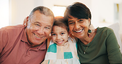 Buy stock photo Grandparents, grandchild and smile in family portrait, love and picture for memory, hug and bonding. Happy mexican people, care and relax on couch, generations and connection at home, joy and embrace