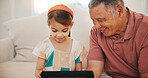 Home, grandfather and girl with tablet, smile and relax with social media, online gaming and digital app. Apartment, elderly man and pensioner with grandchild, tech and happiness with fun or network