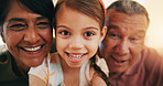 Selfie, grandparent and child with smile for bond, love or care in home with lens flare. Happy man, woman and little girl for profile picture, social media or post for childhood, memory and together