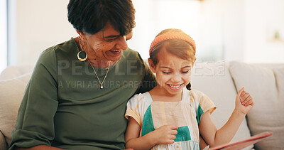 Buy stock photo Child, grandmother and reading book smile for storytelling fantasy, education learning or knowledge. Young kid, old woman or fairytale literature on couch as bonding or listening, development on sofa
