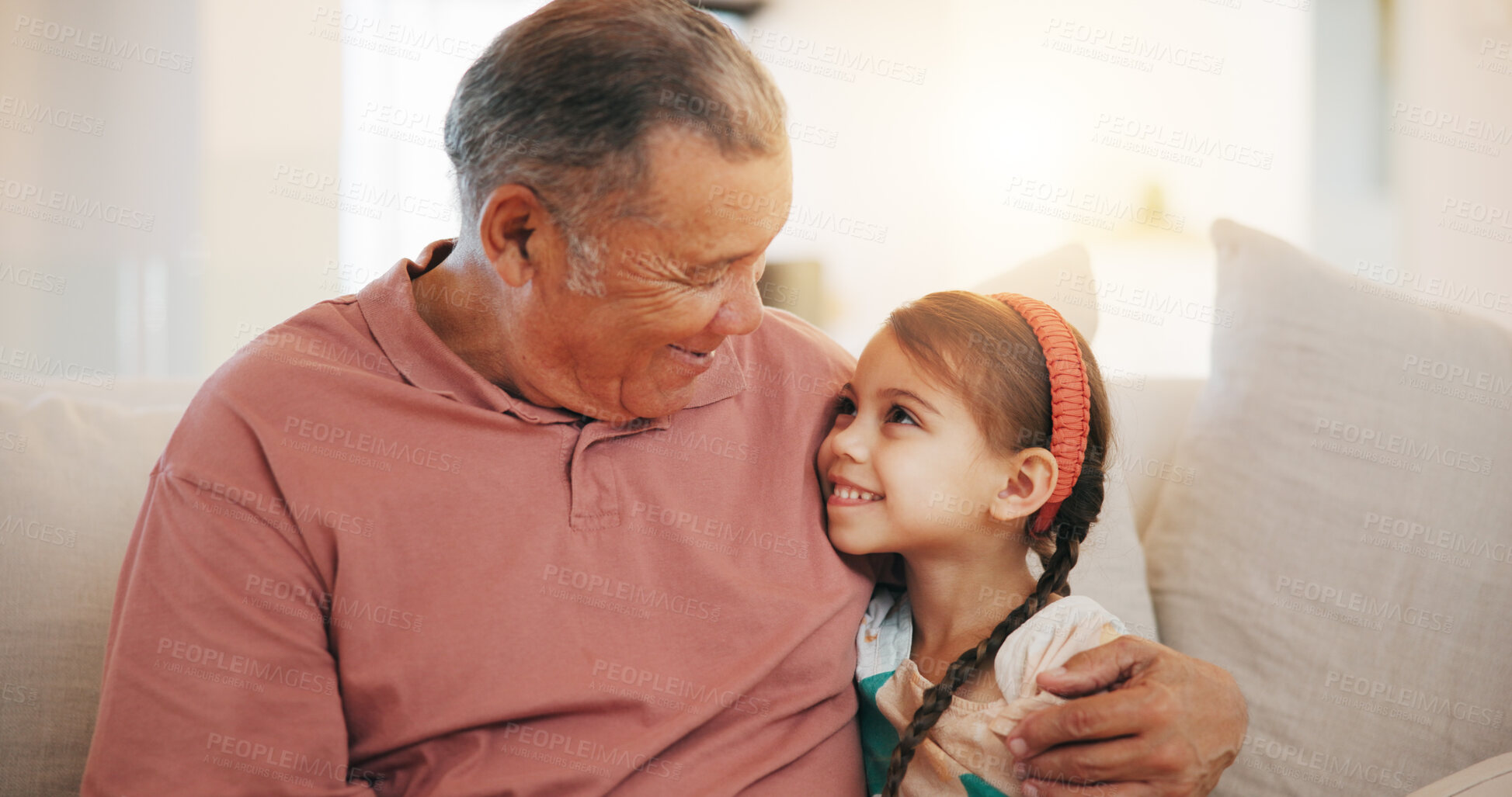 Buy stock photo Home, relax and hug with grandfather, girl and happiness with weekend break, joyful and bonding together. Old man, senior person and child with a smile, embrace and support with love, care and kid