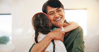 Buy stock photo Child, grandmother and hug for happy smile bonding, relax connection in retirement. Young girl, old woman and embrace for holiday rest or together in lounge for funny joke, love trust or care safety