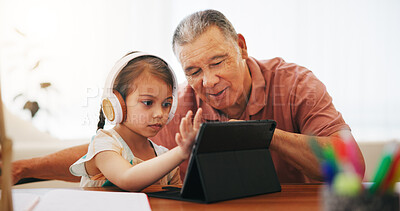 Buy stock photo Headphones, grandfather and kid on tablet for elearning, studying and knowledge. Education technology, girl child and grandpa in virtual class, school and help, teaching and typing homework online