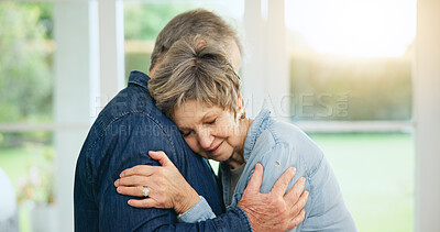 Buy stock photo Senior couple, hug or happy for love with care,  loyalty or commitment in retirement in family home. Mature man, woman or marriage gratitude in bonding together in trust, relax wellness or apartment