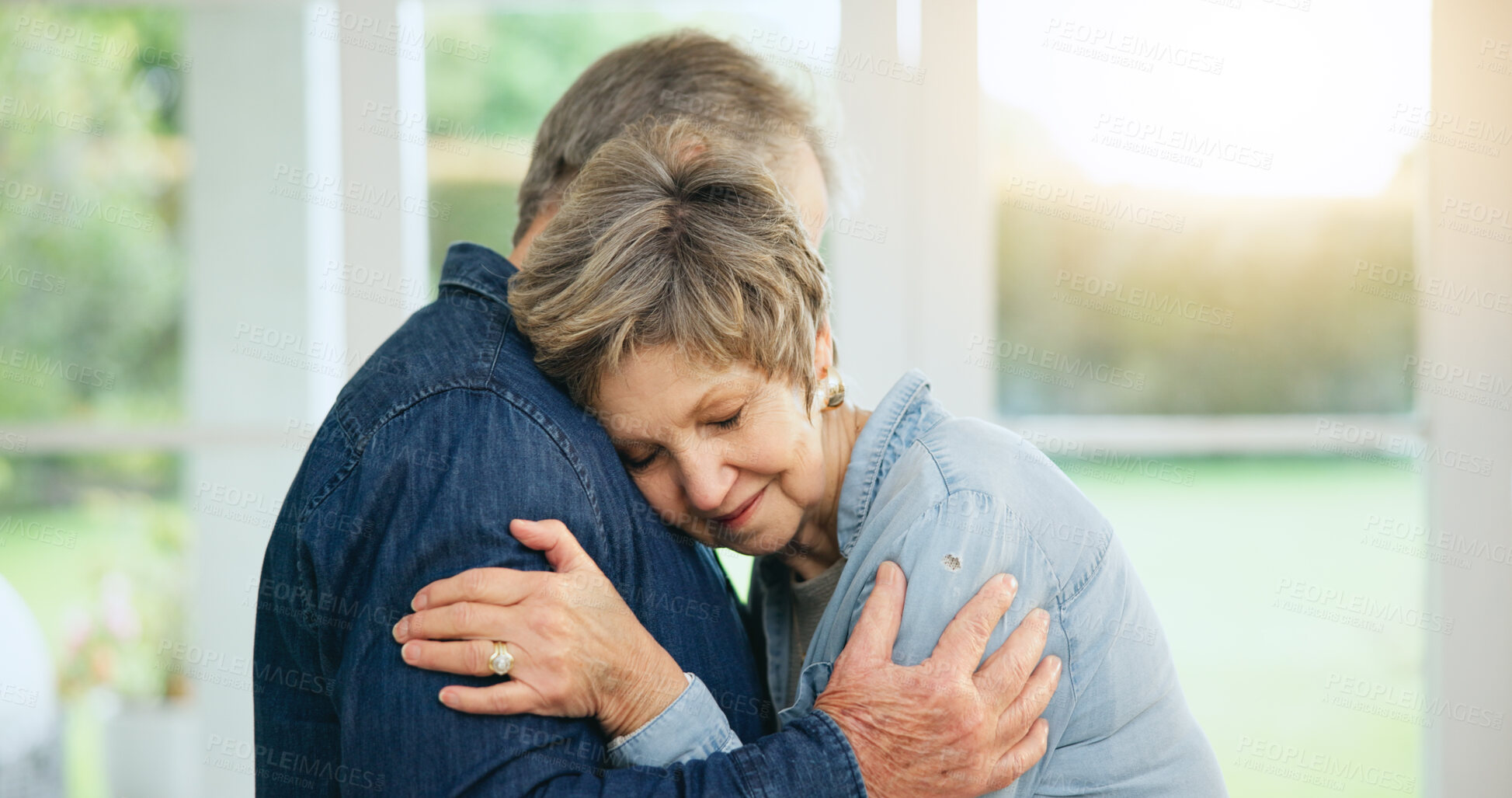 Buy stock photo Senior couple, hug or happy for love with care,  loyalty or commitment in retirement in family home. Mature man, woman or marriage gratitude in bonding together in trust, relax wellness or apartment