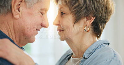 Buy stock photo Senior man, woman or hug for love in support, loyalty or commitment in retirement in family home. Mature people, marriage or gratitude for bonding together with trust, relax or wellness in apartment