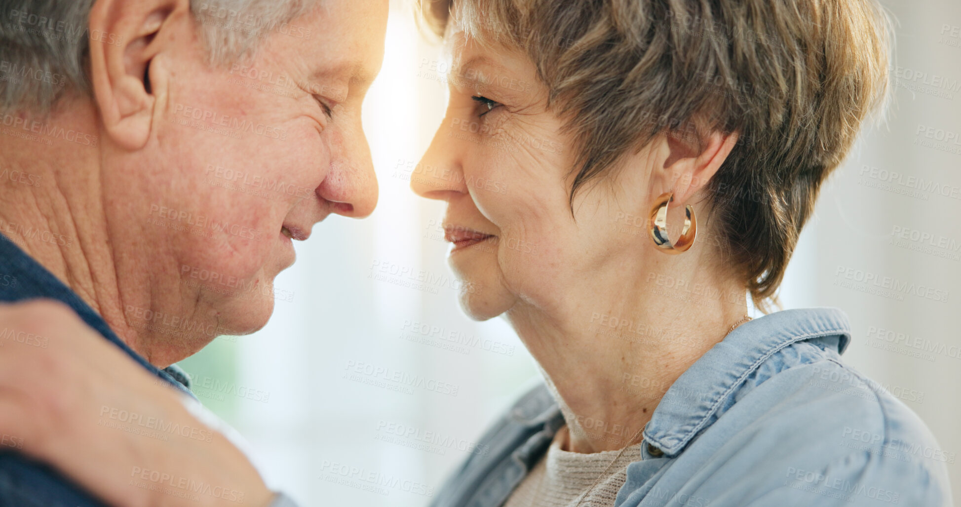 Buy stock photo Senior man, woman or hug for love in support, loyalty or commitment in retirement in family home. Mature people, marriage or gratitude for bonding together with trust, relax or wellness in apartment