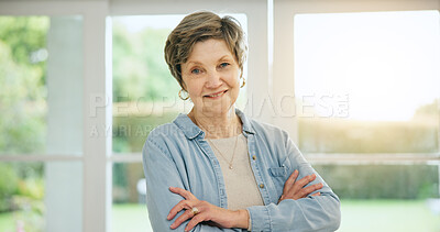 Buy stock photo Senior woman, portrait and arms crossed in retirement, morning and home with happiness and health. Elderly, person and smile on face in house to relax with sunshine in apartment, lounge or vacation