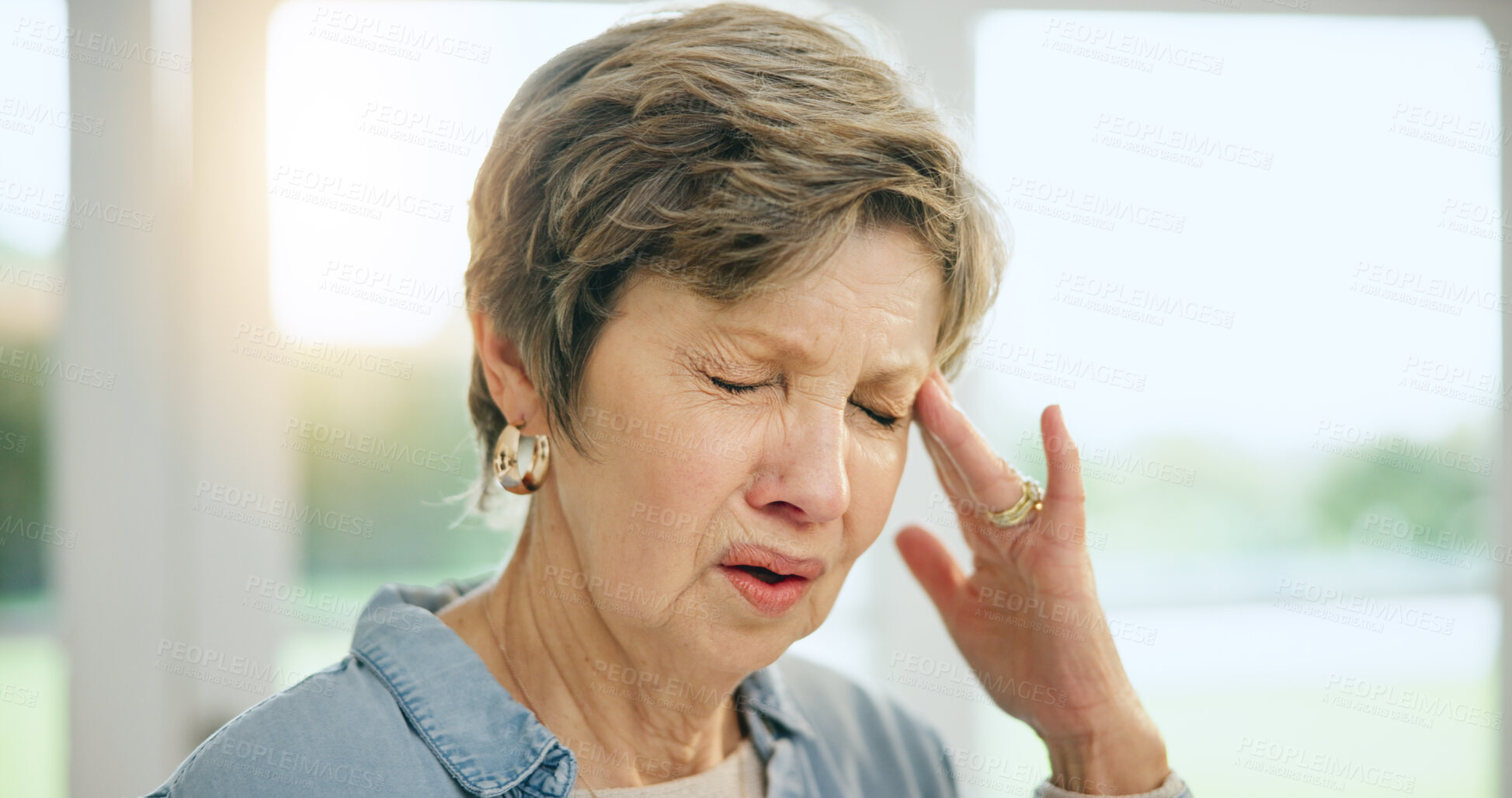 Buy stock photo Frustrated senior woman, headache and stress in burnout, anxiety or depression at home. Closeup of mature female person with migraine, pain or sore head in mental health, mistake or fail at house