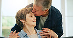 Face, forehead kiss and mature couple affection, love and sweet husband with wife, spouse or partner in Argentina. Care, home lounge and relax old man, senior woman or elderly marriage people bonding