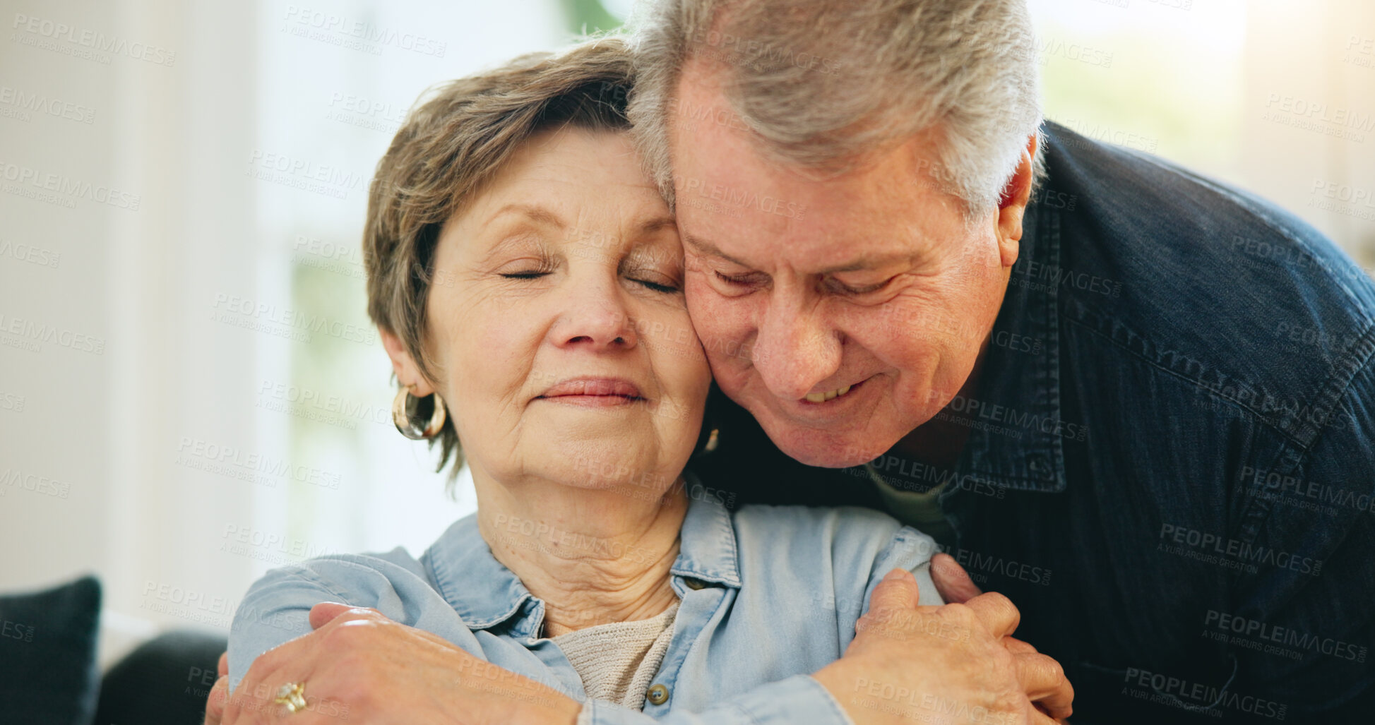 Buy stock photo Face, home and mature couple hug, retirement affection and husband embrace wife, spouse or relax marriage partner. Romance, love and sweet elderly man, senior woman or old people hugging in Australia