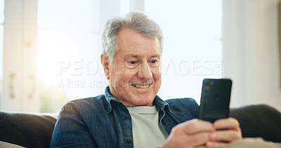 Buy stock photo Happy senior man, phone and relax on sofa for communication, good news or networking at home. Mature male person smile on mobile smartphone for online chatting, texting or search on couch at house