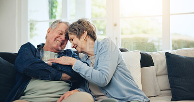 Buy stock photo Love, home and mature couple laughing at funny conversation, retirement joke and smile on living room sofa. Wellness, comedy humour and relax old man, senior woman and elderly marriage people bonding