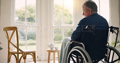 Buy stock photo Wheelchair, senior man or thinking of memory by window in nursing home or retirement with depression. Nostalgia, sad history or lonely mature person in lounge by an empty chair to remember past loss 