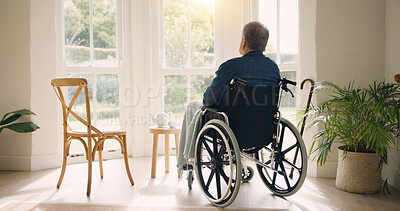 Buy stock photo Wheelchair, old man or thinking of memory by window in nursing home or retirement with depression. Nostalgia, sad or lonely elderly person in living room by an empty chair to remember past loss 