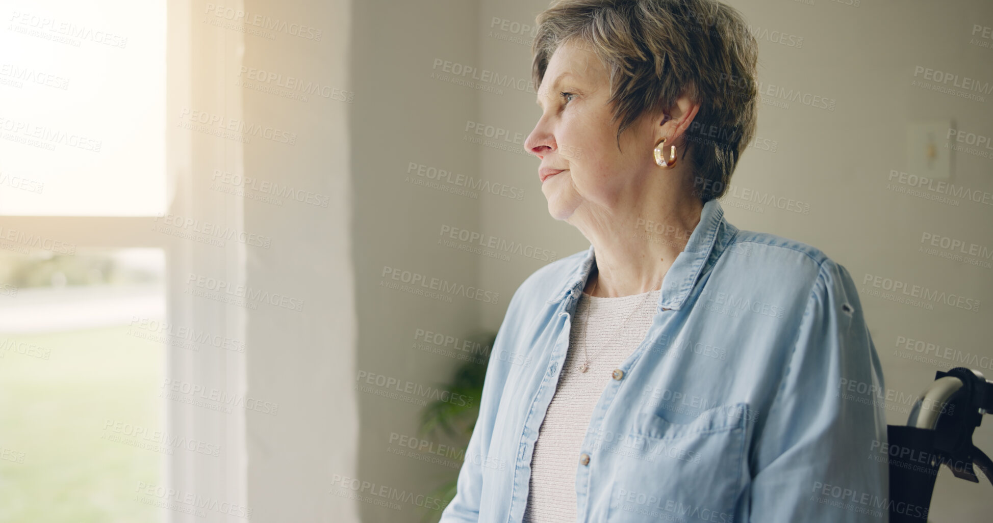 Buy stock photo Wheelchair, elderly woman or thinking of memory by window in nursing home or retirement with depression. Grief nostalgia, sad history or lonely senior person in living room to remember past loss