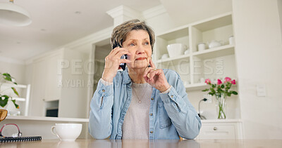 Buy stock photo Home, phone call and senior woman with conversation, network and thinking with discussion. Apartment, elderly person and pensioner with a smartphone, relax and communication with digital app and idea