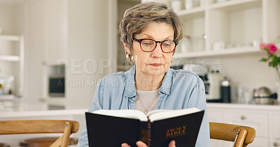 Buy stock photo Reading, Bible and old woman in home with Christian worship, prayer or education in faith. Elderly, person and studying holy gospel, religion or trust in God with spiritual learning in retirement