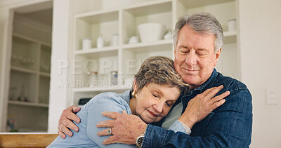 Buy stock photo Love, bond and mature couple hug, affection or cuddle together for romance, relax retirement or home break. Soulmate, eyes closed and elderly old man, senior woman or marriage people rest in Portugal