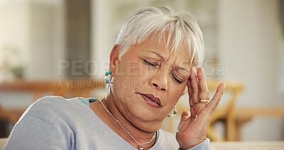 Buy stock photo Headache, senior woman and stress in home for retirement, mental health and anxiety of brain fog. Face, sad and frustrated elderly lady with migraine, crisis and pain of vertigo, trauma and fatigue 