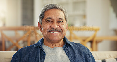 Buy stock photo Portrait, senior man and smile in home to relax for retirement, confidence and good mood. Happy face, elderly guy and pensioner on sofa in living room with wisdom, old age and optimism in Colombia 