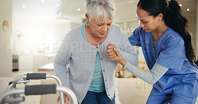 Buy stock photo Senior woman, person with disability and nurse for help to couch, walking frame and handholding. Healthcare or elderly for medical, patient rehabilitation and injury for therapy, support or recovery
