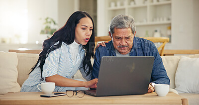 Buy stock photo Woman, senior dad and laptop with teaching, reading and typing for email notification, web or search. Computer, elderly father and daughter with click, learning and family home lounge on social media