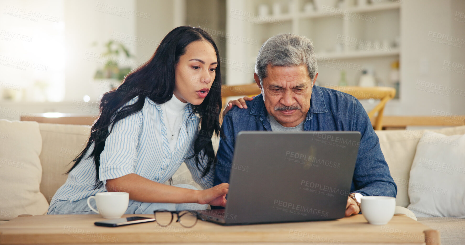 Buy stock photo Woman, senior dad and laptop with teaching, reading and typing for email notification, web or search. Computer, elderly father and daughter with click, learning and family home lounge on social media