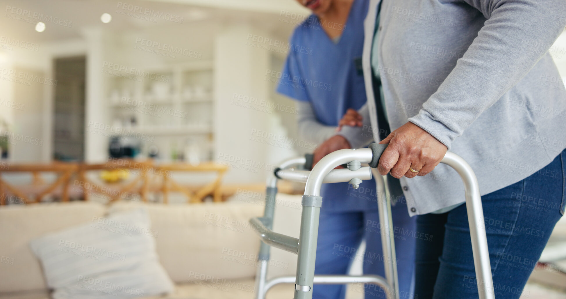 Buy stock photo Senior woman, person with disability and walker for nurse, couch, walking frame and elderly care. Healthcare or mobility for medical, patient rehabilitation or injury for therapy support or recovery
