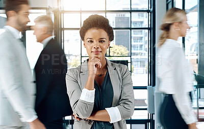 Buy stock photo Business, thinking or portrait of black woman with vision in agency, company or busy office. Ideas, manager or African person in a professional career problem solving or brainstorming for solution