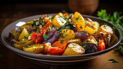 Roasted, autumn, colorful vegetables in a dish, for dinner, thanksgiving or health. Rustic, summer meal, grilled or stir fried bowl of farm produce for lifestyle and healthy diet on a kitchen table