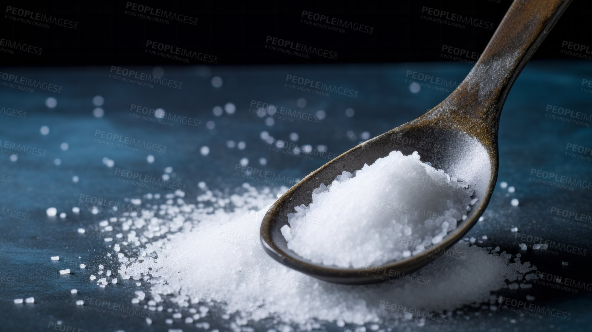 Buy stock photo White, coarse, natural sea salt with a wooden spoon for cooking, diet and health. Rustic, rough and texture for organic food flavour enhancer and macro photography in studio for beauty spa treatments