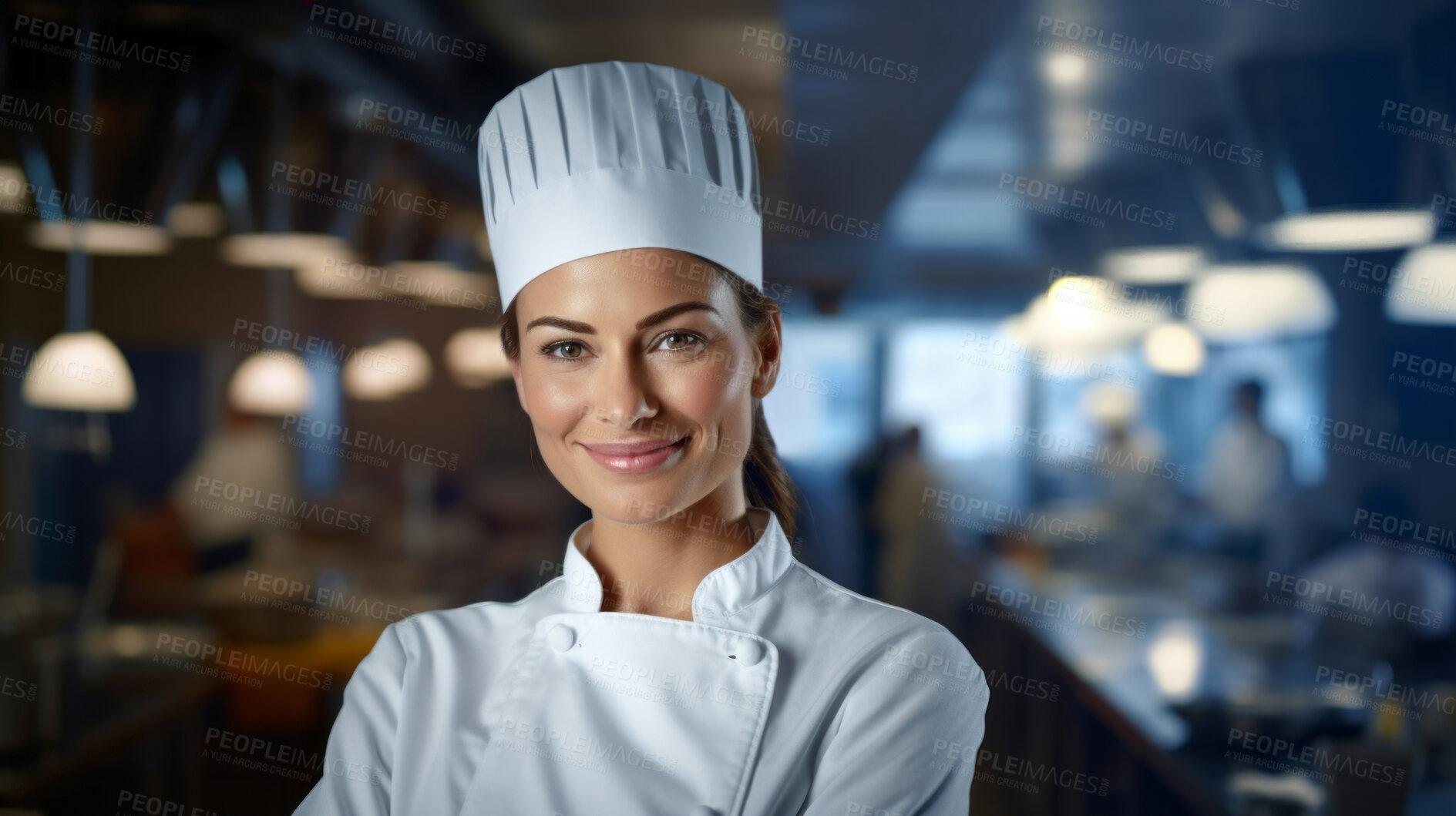 Buy stock photo Head Chef, female and portrait of business woman standing arms crossed in a restaurant kitchen. Confident, skilled and professional worker looking at camera for owner, career or hospitality occupation