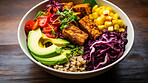 Asian healthy, buddha bowl and lunch  with superfood, vegetables or delicious balanced meal for diet, health or weight loss. Tofu, quinoa and mixed bowl for detox, lifestyle, cuisine and restaurant