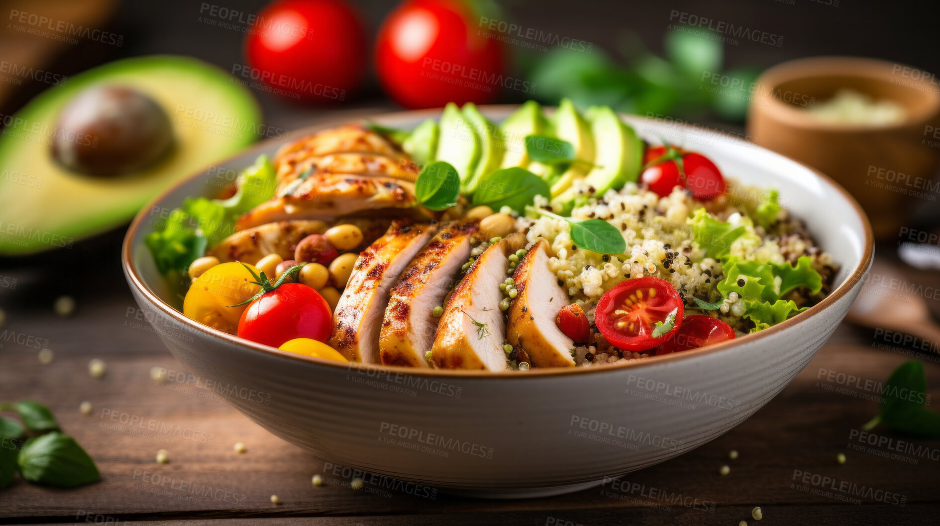 Buy stock photo Asian healthy, buddha bowl and lunch  with superfood, vegetables or delicious balanced meal for diet, health or weight loss. Tofu, quinoa and mixed bowl for detox, lifestyle, cuisine and restaurant