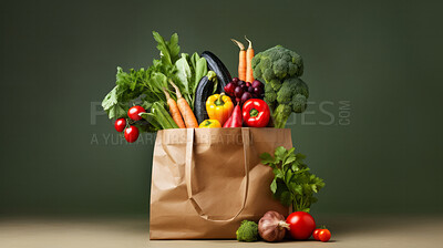 Various, fresh and vegetables on a green background for market, shopping or organic farming. Colourful, mixed and produce in a brown paper bag for wellness cooking and health, lifestyle, and diet