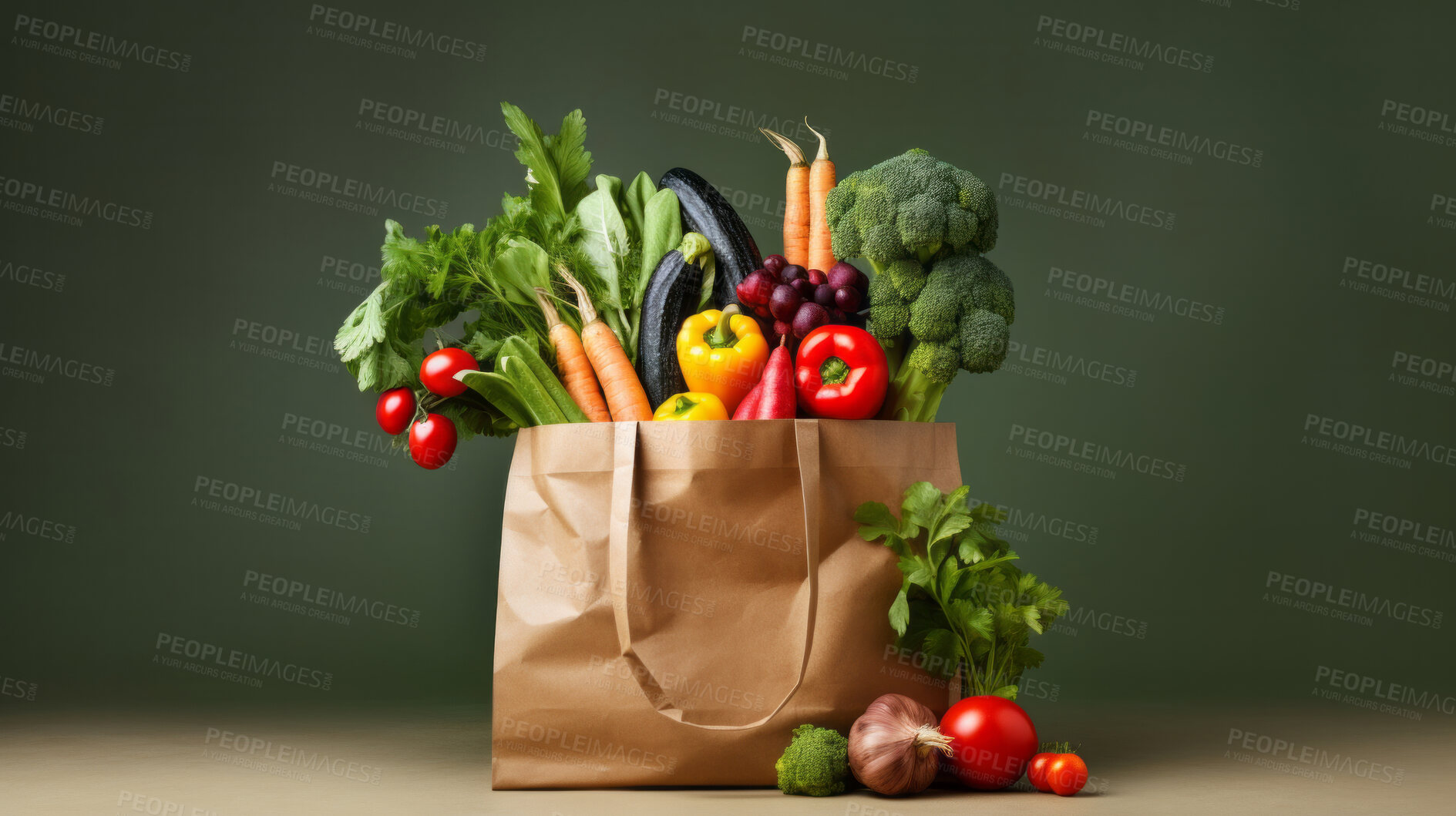 Buy stock photo Various, fresh and vegetables on a green background for market, shopping or organic farming. Colourful, mixed and produce in a brown paper bag for wellness cooking and health, lifestyle, and diet