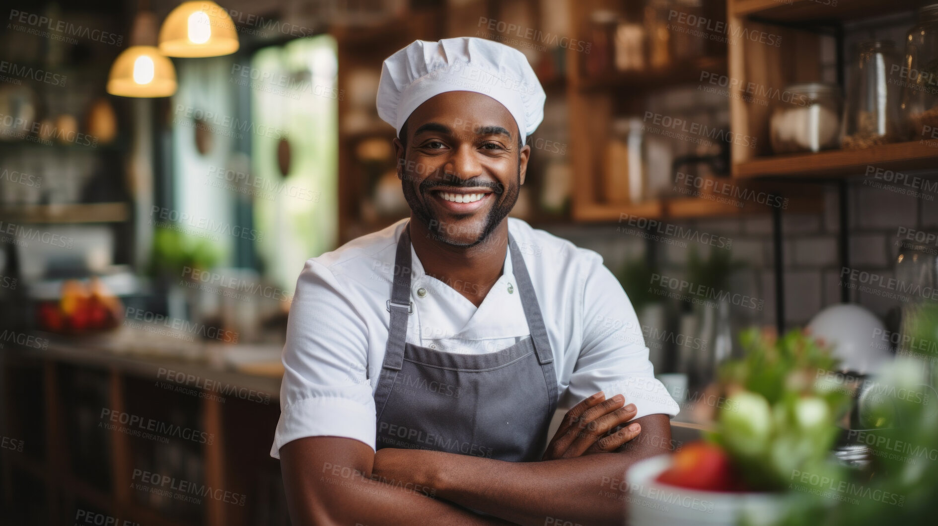 Buy stock photo Head Chef, male and portrait of business man standing arms crossed in a restaurant kitchen. Confident, skilled and professional worker looking at camera for owner, career or hospitality occupation